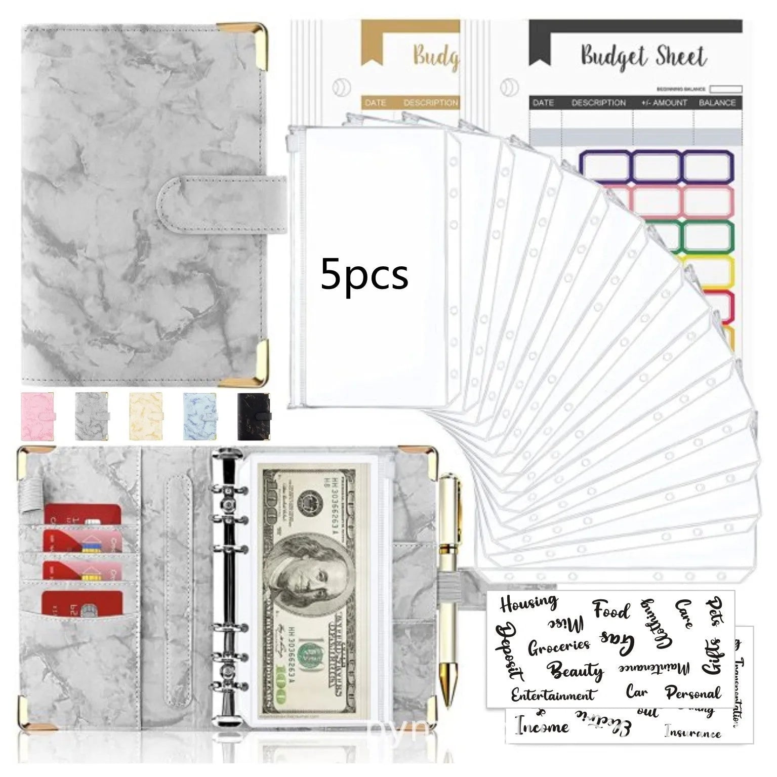 A6 loose-leaf binder journal with marbling leather PU cover, open to show budget sheets and zip pockets