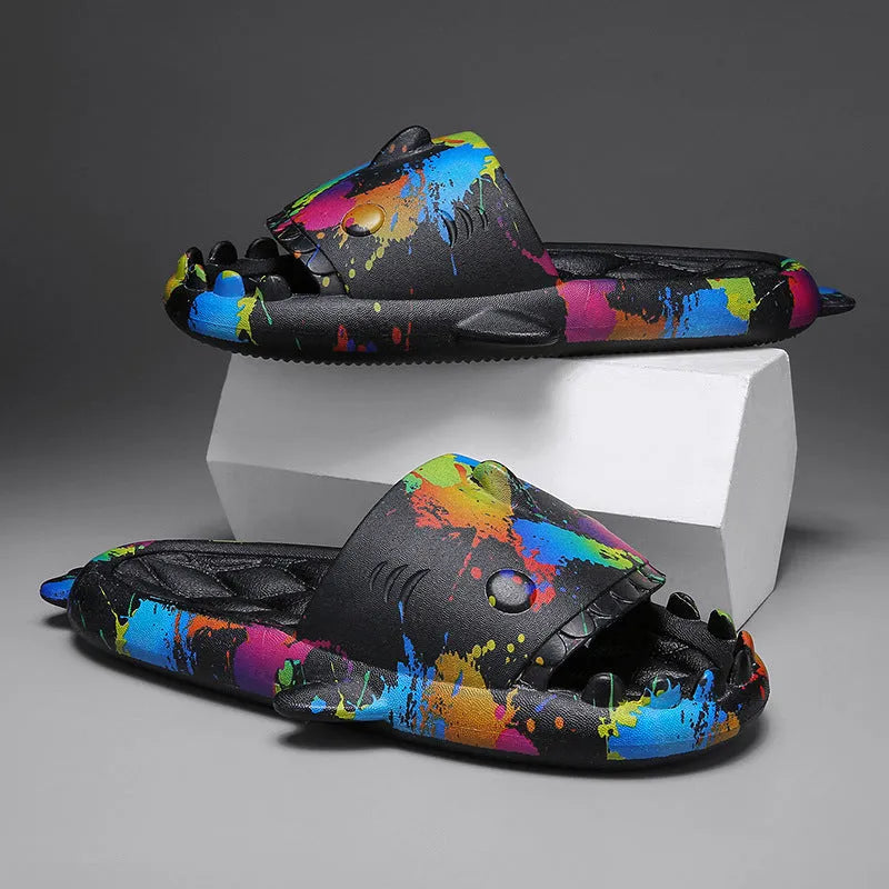 Casual open-toe EVA home slippers with a cute shark design on the upper.