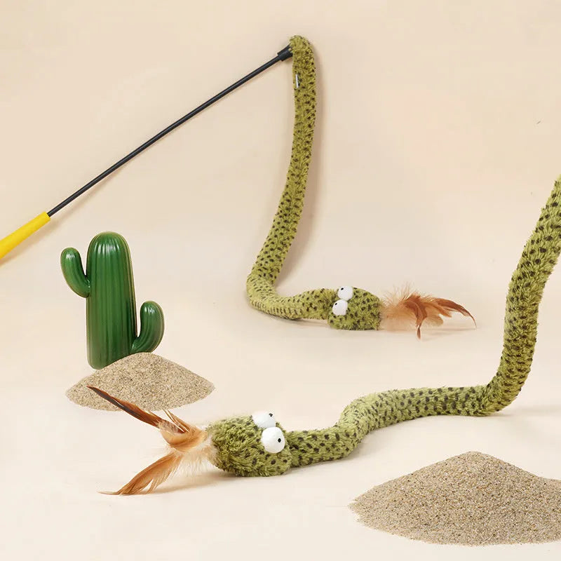 Green snake cat teasing stick toy with feather attachments on 140cm pole