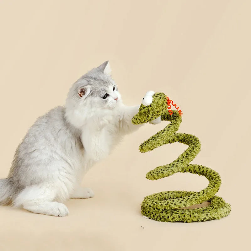 Green snake cat teasing stick toy with feather attachments on 140cm pole