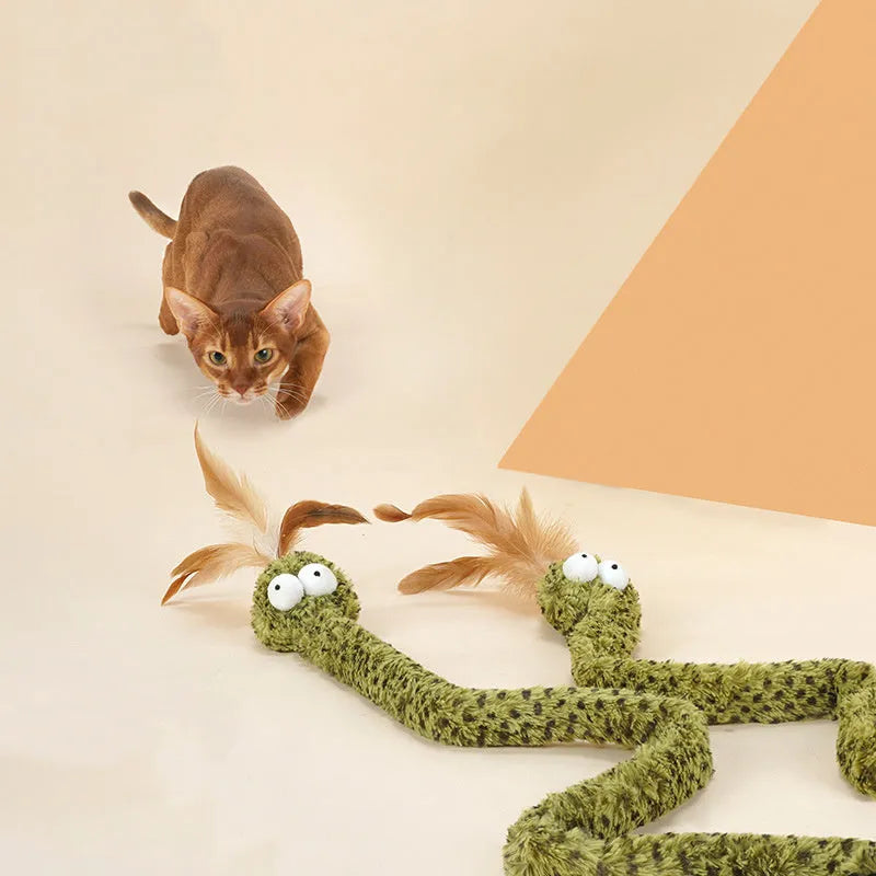 Green snake cat teasing stick toy with feather attachments on 140cm pole