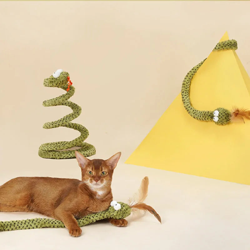 Green snake cat teasing stick toy with feather attachments on 140cm pole