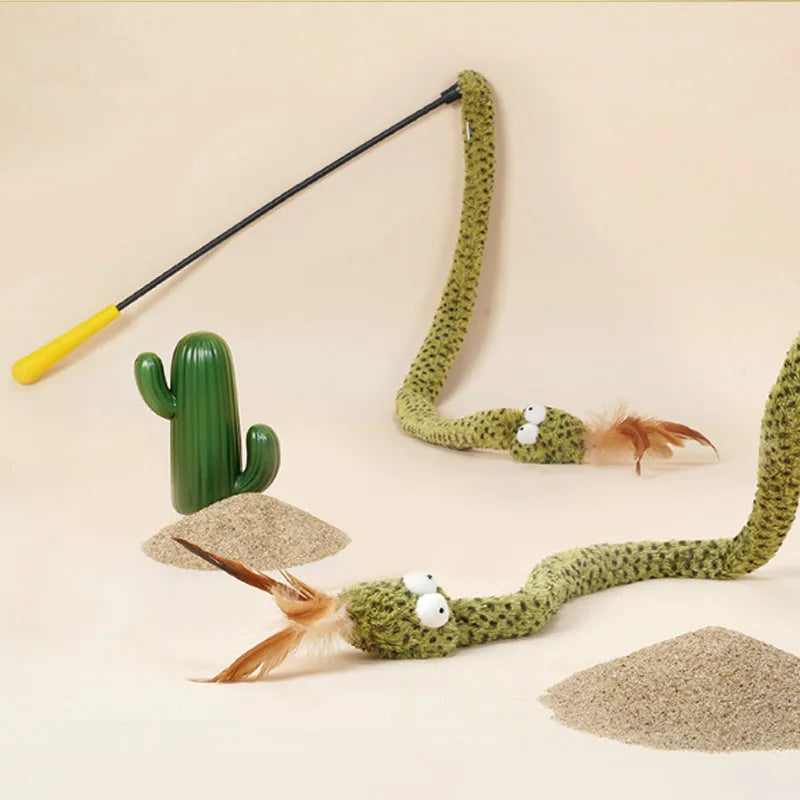 Green snake cat teasing stick toy with feather attachments on 140cm pole