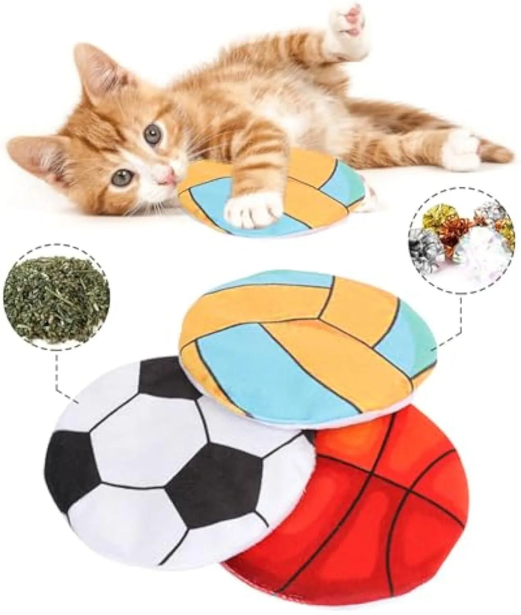 Interactive plush flying disc cat toy with sports ball pattern, containing catnip and crinkle sound.