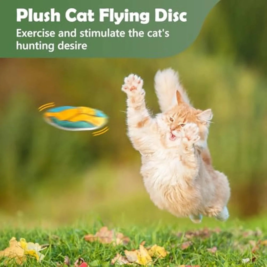 Interactive plush flying disc cat toy with sports ball pattern, containing catnip and crinkle sound.