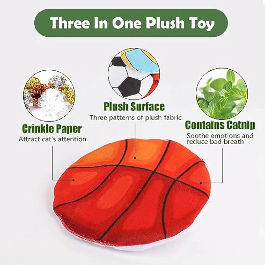 Interactive plush flying disc cat toy with sports ball pattern, containing catnip and crinkle sound.