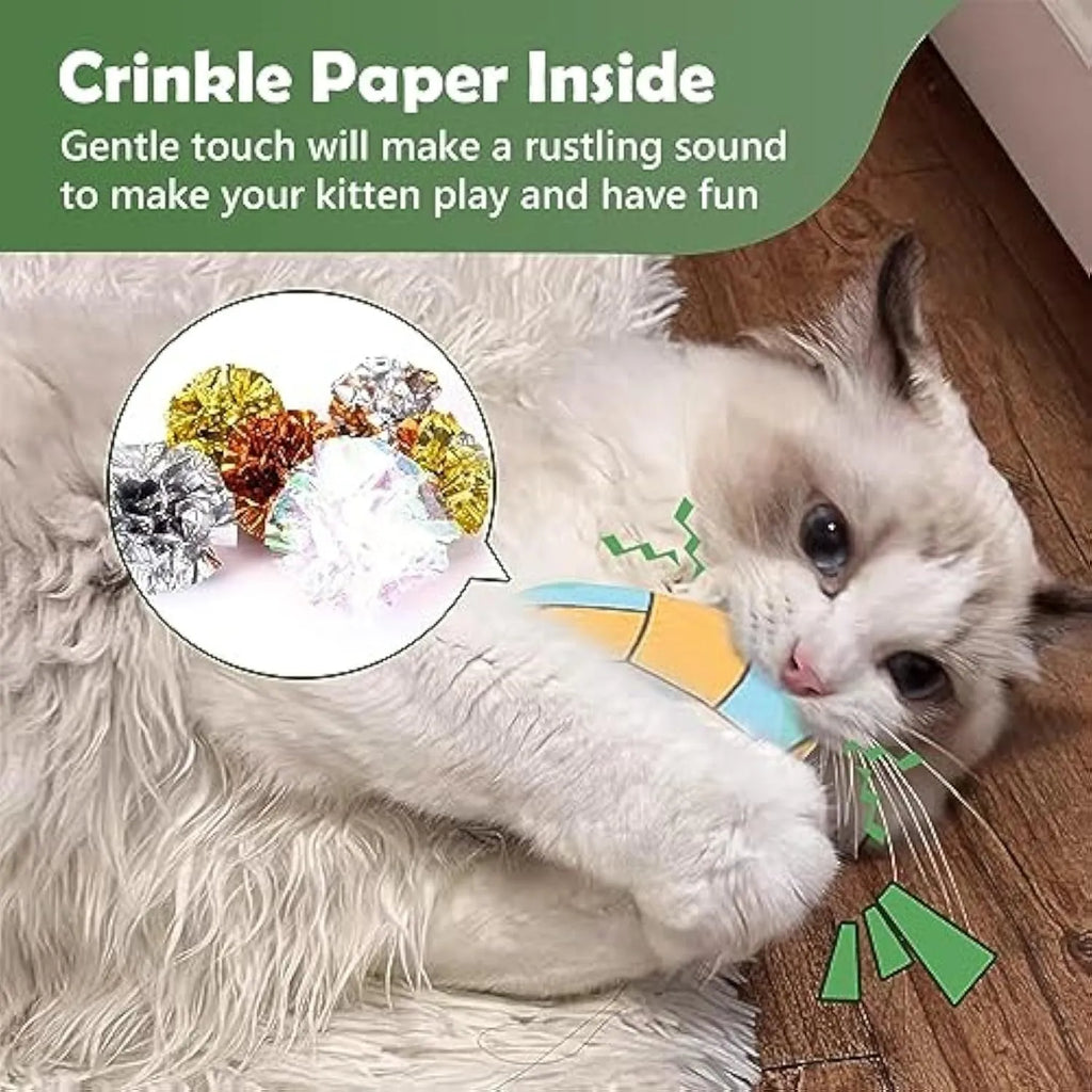 Interactive plush flying disc cat toy with sports ball pattern, containing catnip and crinkle sound.
