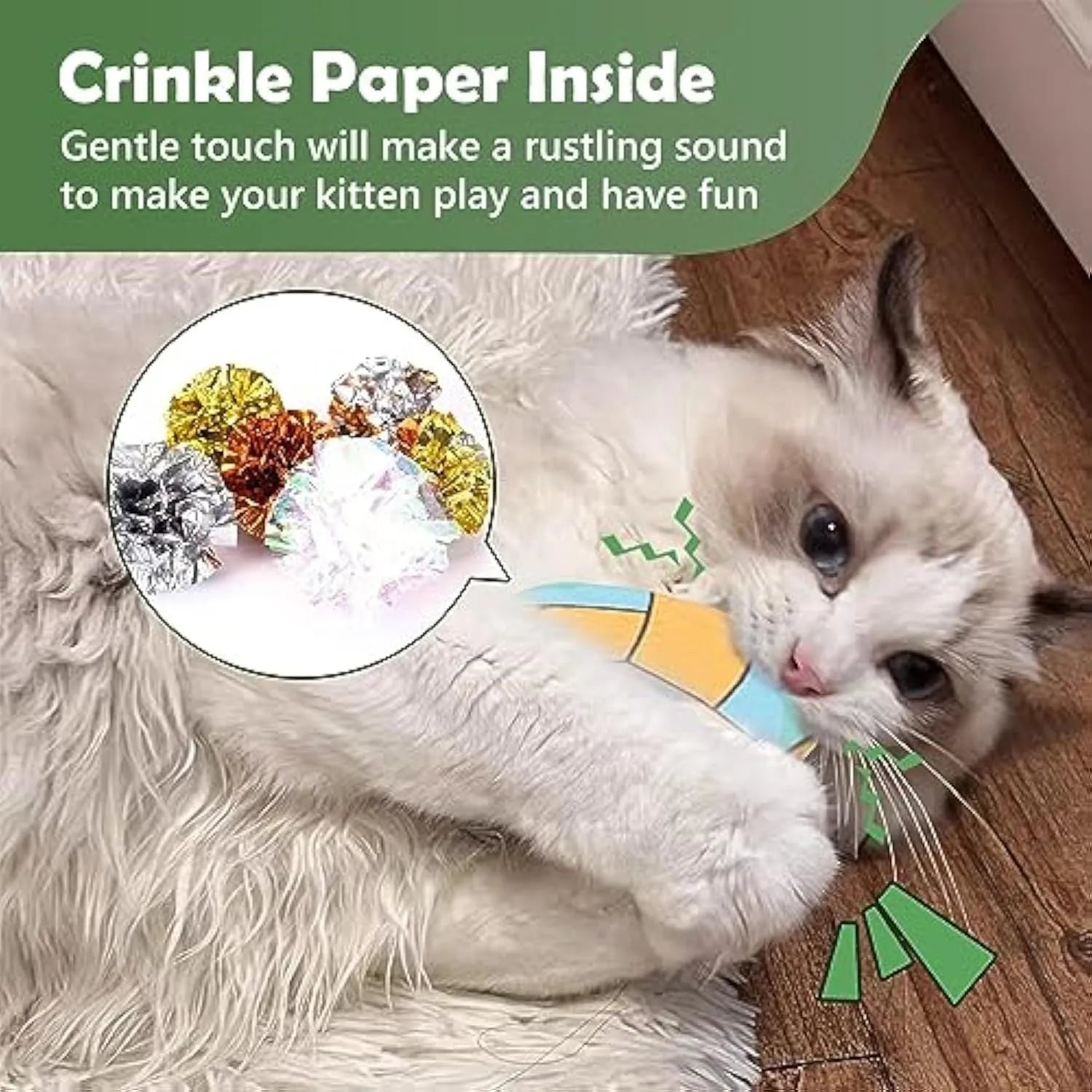 Interactive plush flying disc cat toy with sports ball pattern, containing catnip and crinkle sound.