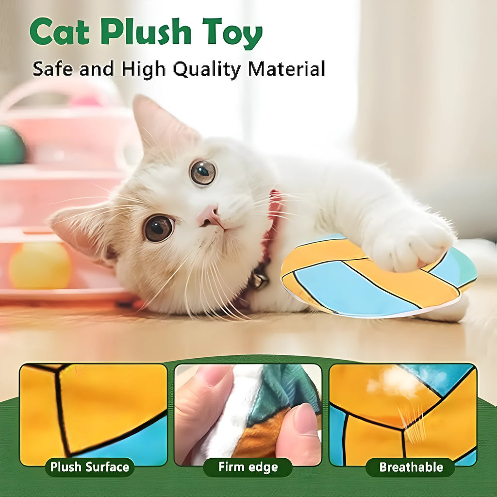 Interactive plush flying disc cat toy with sports ball pattern, containing catnip and crinkle sound.