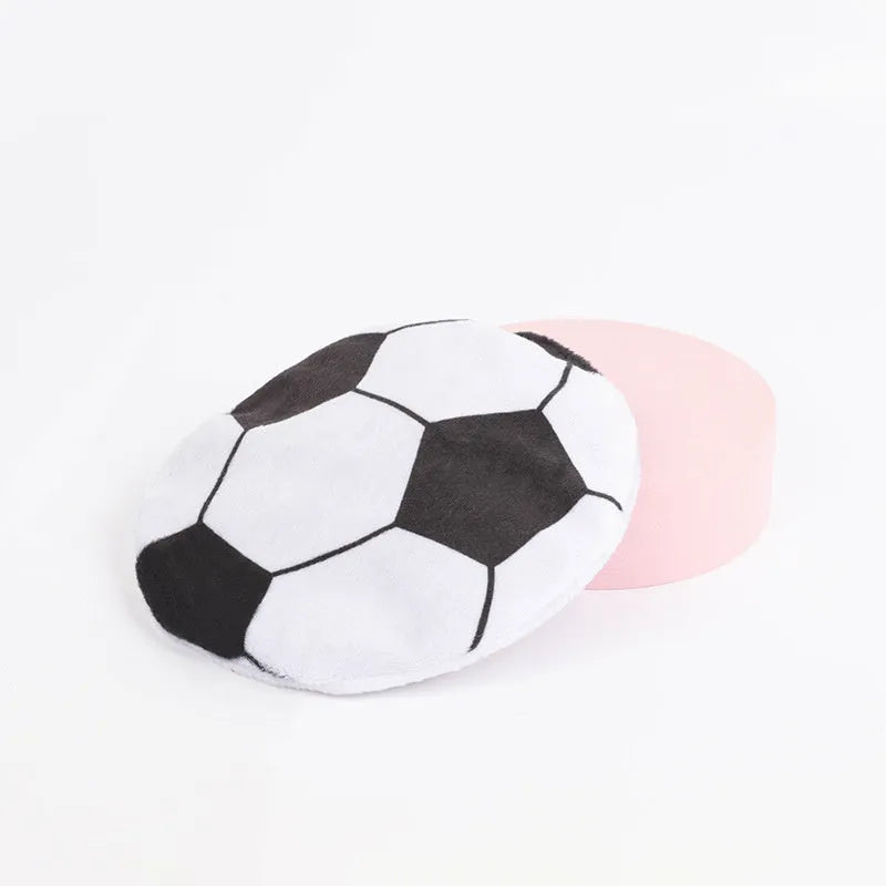 Interactive plush flying disc cat toy with sports ball pattern, containing catnip and crinkle sound.