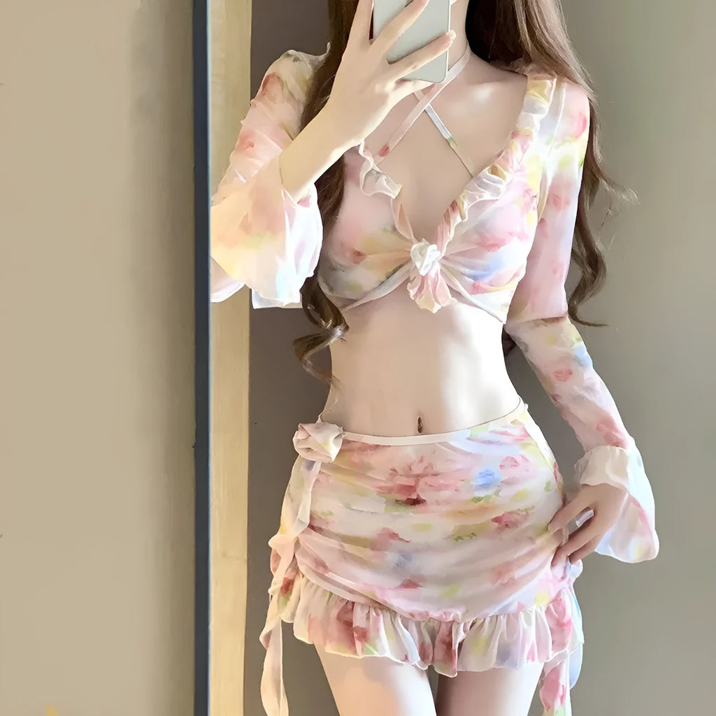 Women's floral swimsuit bikini set in cherry blossom pink with polyester fabric