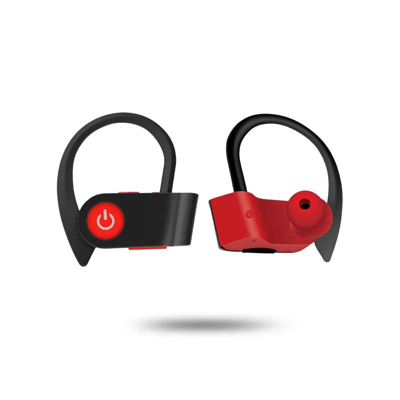 Wireless Bluetooth earphones with V5.0 technology in black grey or red colours showing ergonomic design
