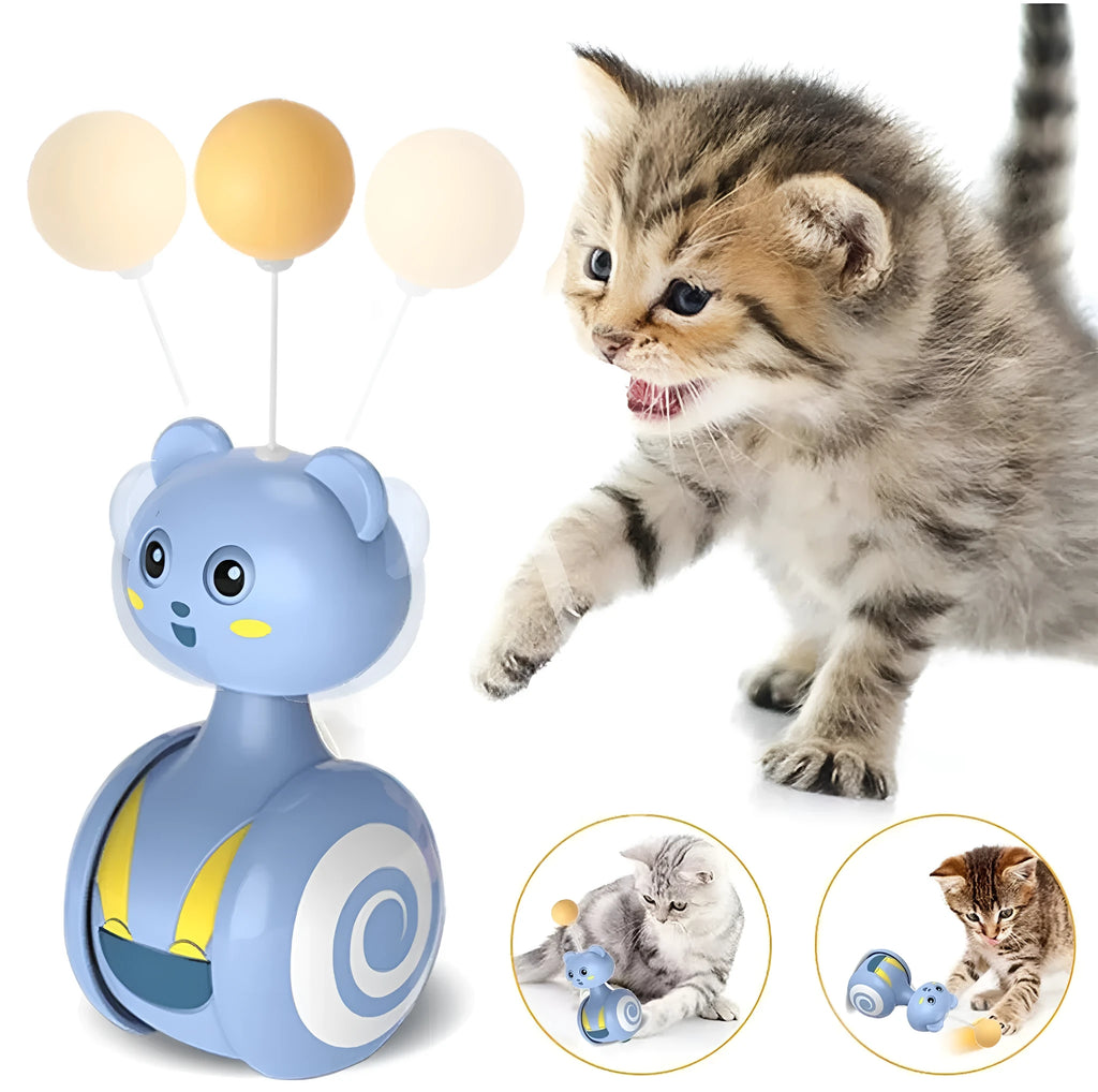 Cat interactive feather wand toy with rotating ball tumbler in blue colour