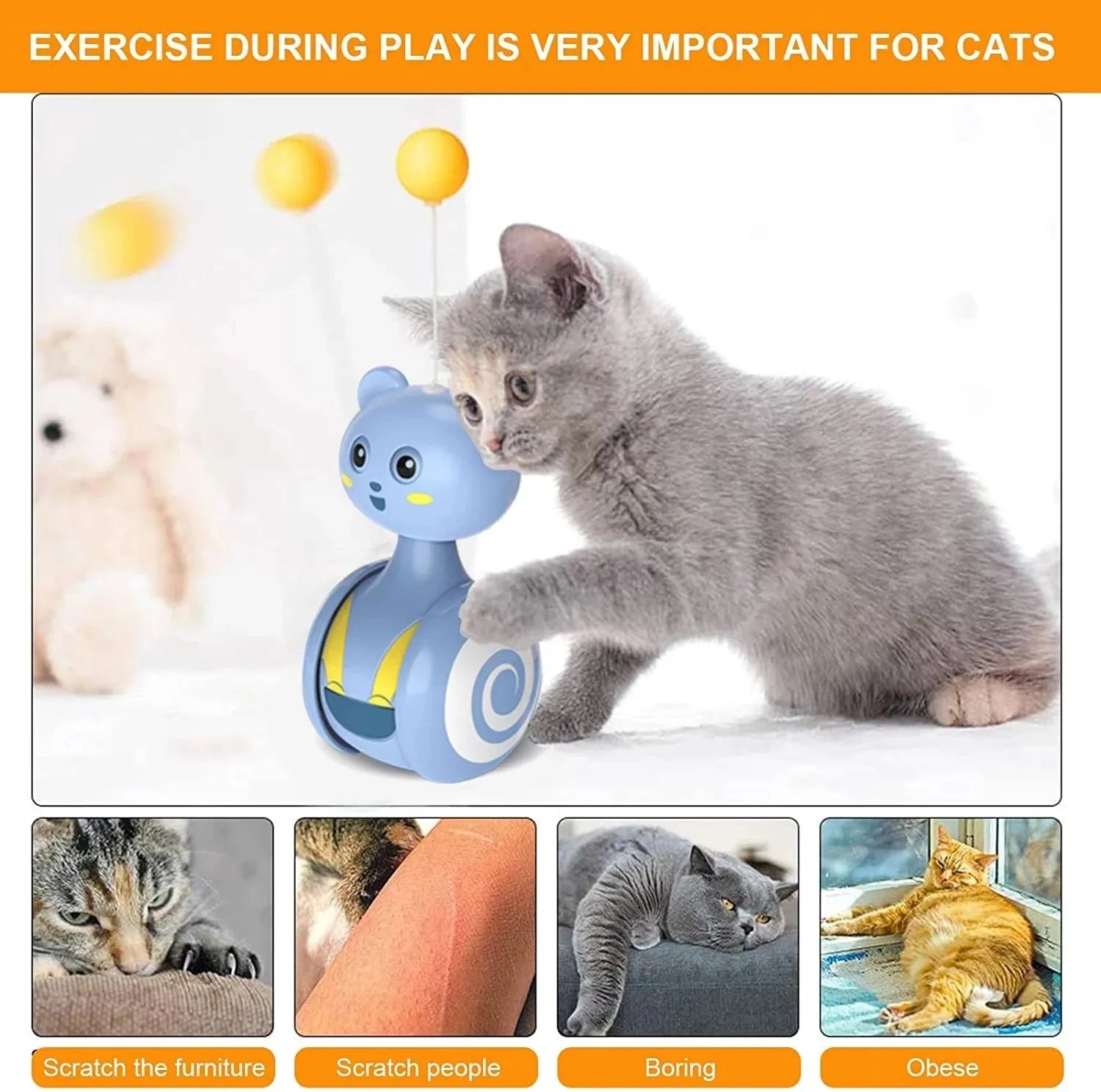 Cat interactive feather wand toy with rotating ball tumbler in blue colour