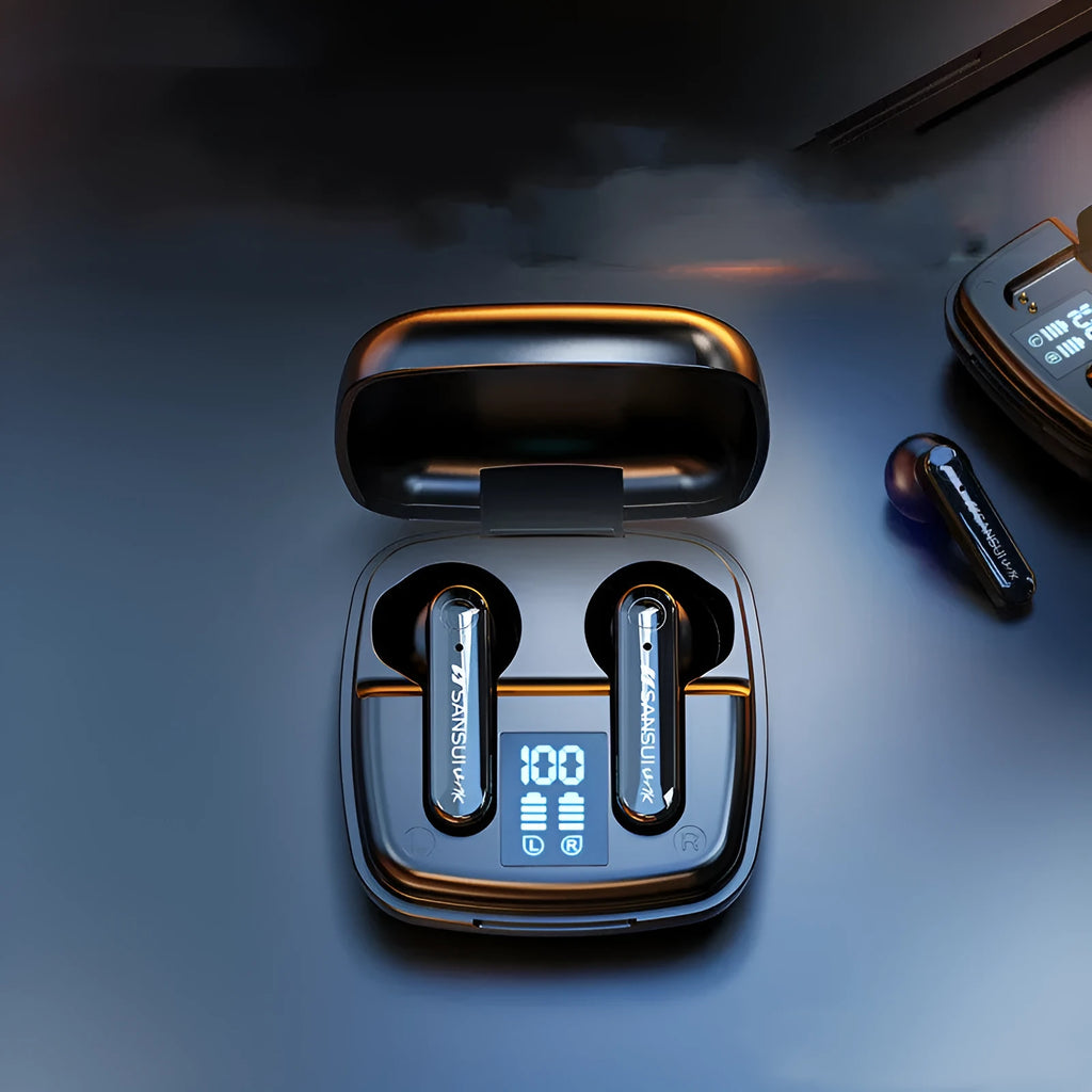 Wireless Bluetooth earphones in black or white with semi-in-ear bilateral stereo design and battery display