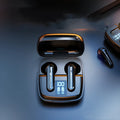 Wireless Bluetooth earphones in black or white with semi-in-ear bilateral stereo design and battery display