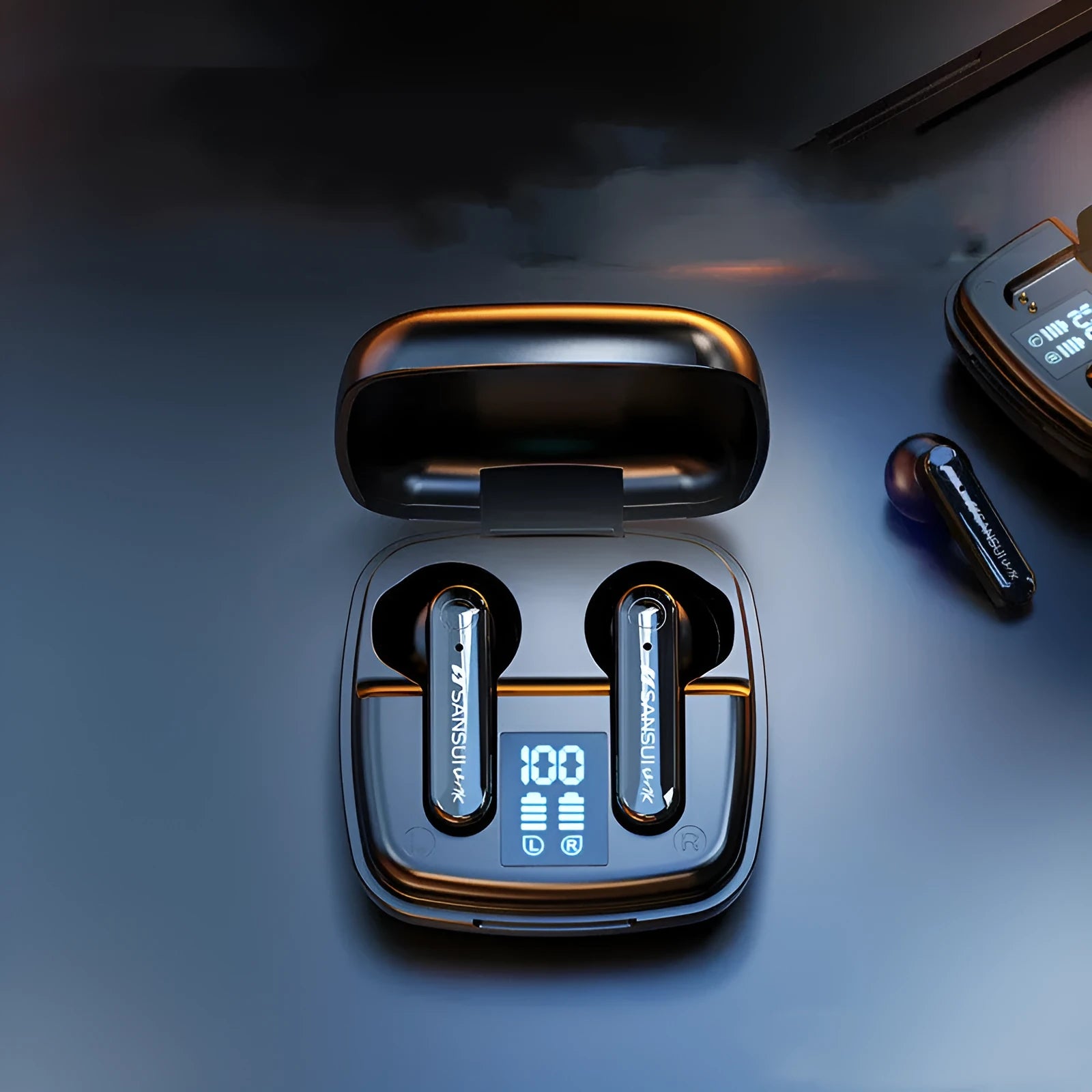 Wireless Bluetooth earphones in black or white with semi-in-ear bilateral stereo design and battery display