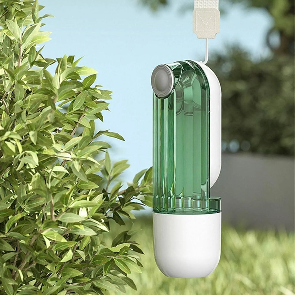Beige and green foldable leak-proof dog water bottle with food container for outdoor use