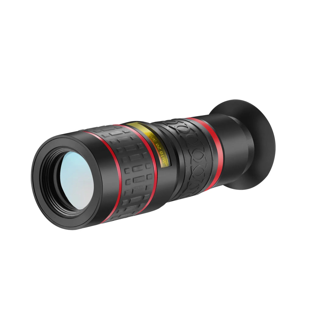 20x magnification mobile phone telescope with universal mounting clip and single eyepiece mask.