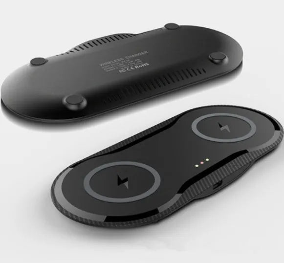 Black and white dual wireless charging pad for two phones with separate fast-charging coils
