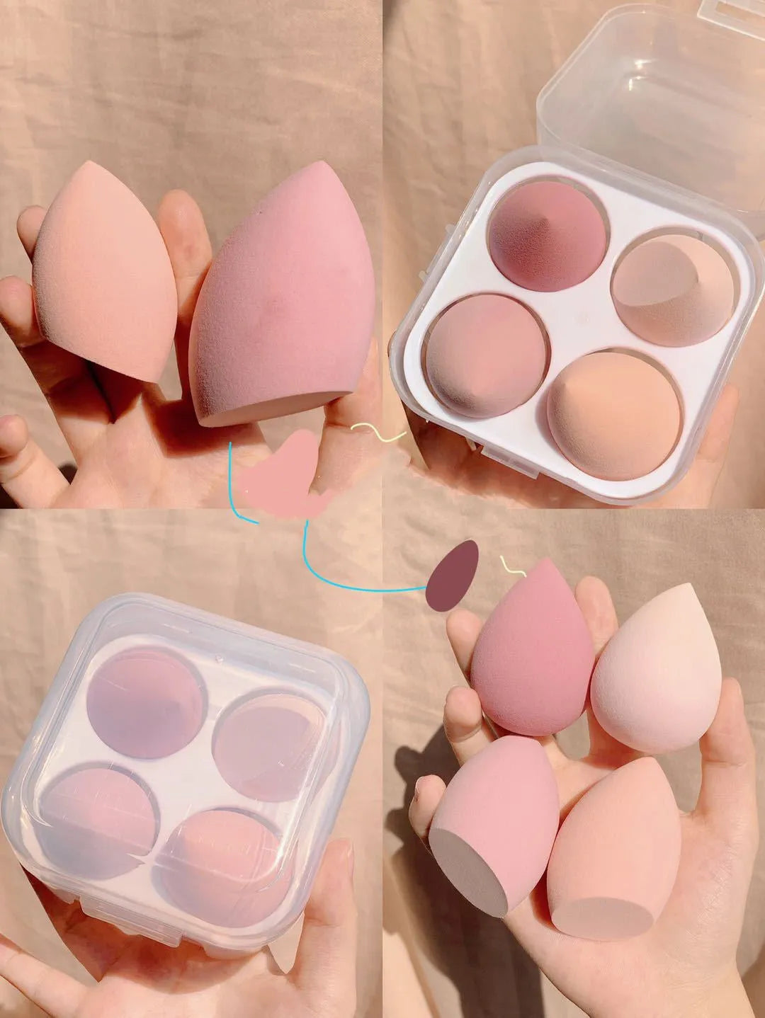 Box containing four coloured makeup sponge eggs in grape, mango, mint, and peach, each roughly 6cm in size.