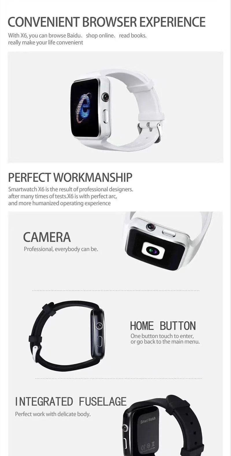 Black smartwatch with 1.54 inch touch screen on a silicone strap, showing a watch face with step count.