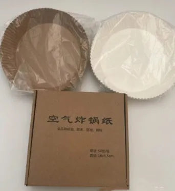 Pack of white round disposable paper liners for air fryer with 4.5cm high edge