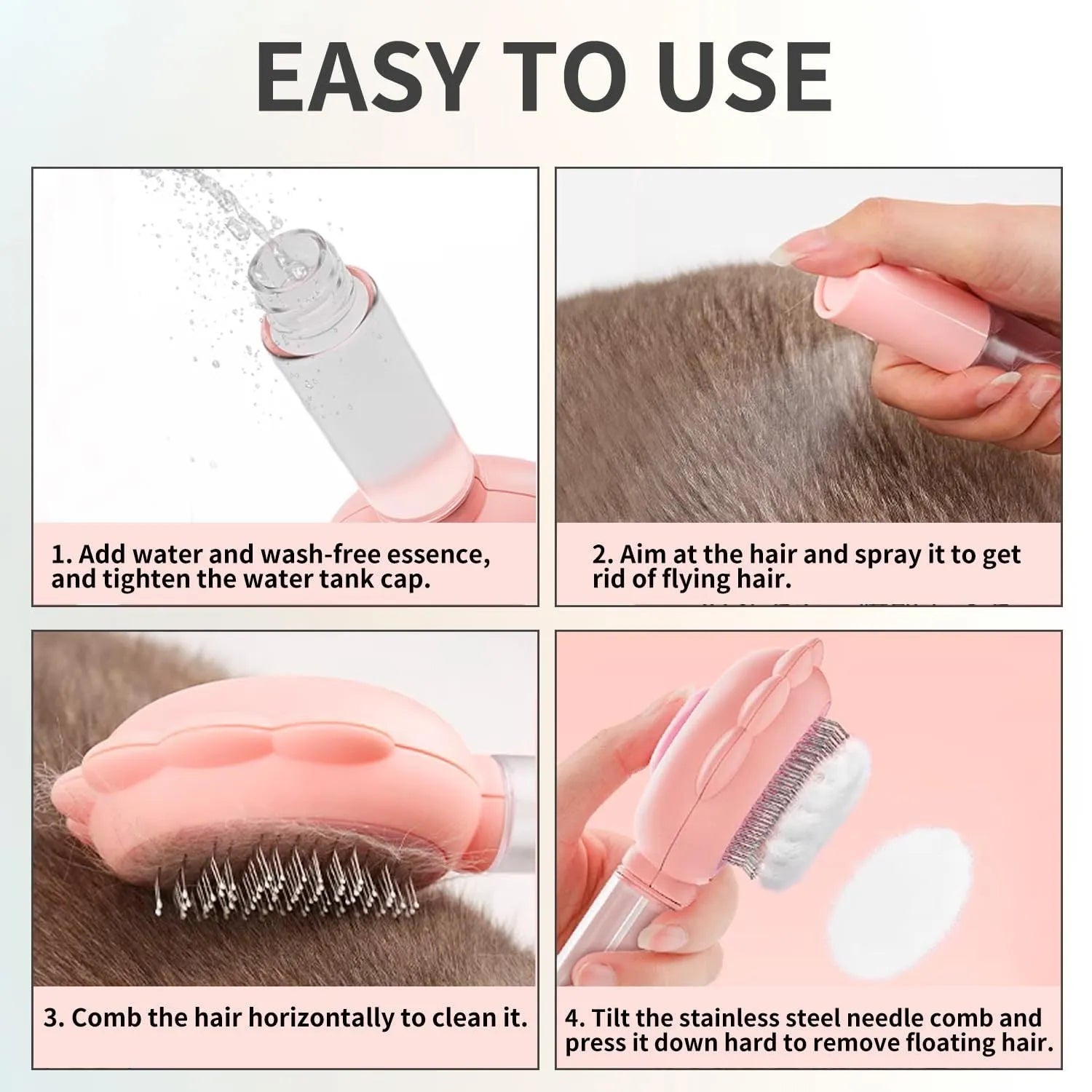 Grey spray cat brush with release button and stainless steel bristles for pet grooming.