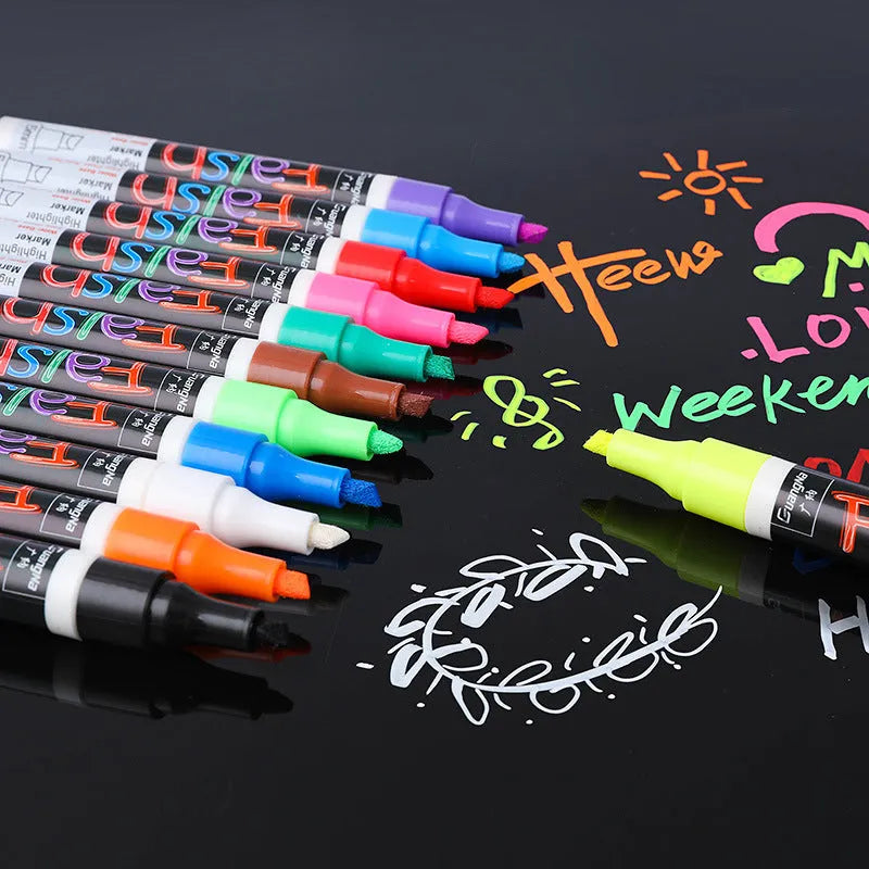 Oblique-shaped electronic fluorescent board highlighter pen with 6mm tip, shown on a card with colour refills.