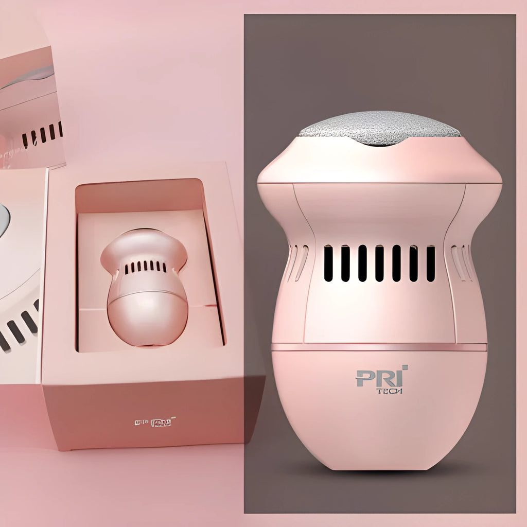 Beige and white electric foot file grinder with USB cable and two diamond grinding heads on a plain background