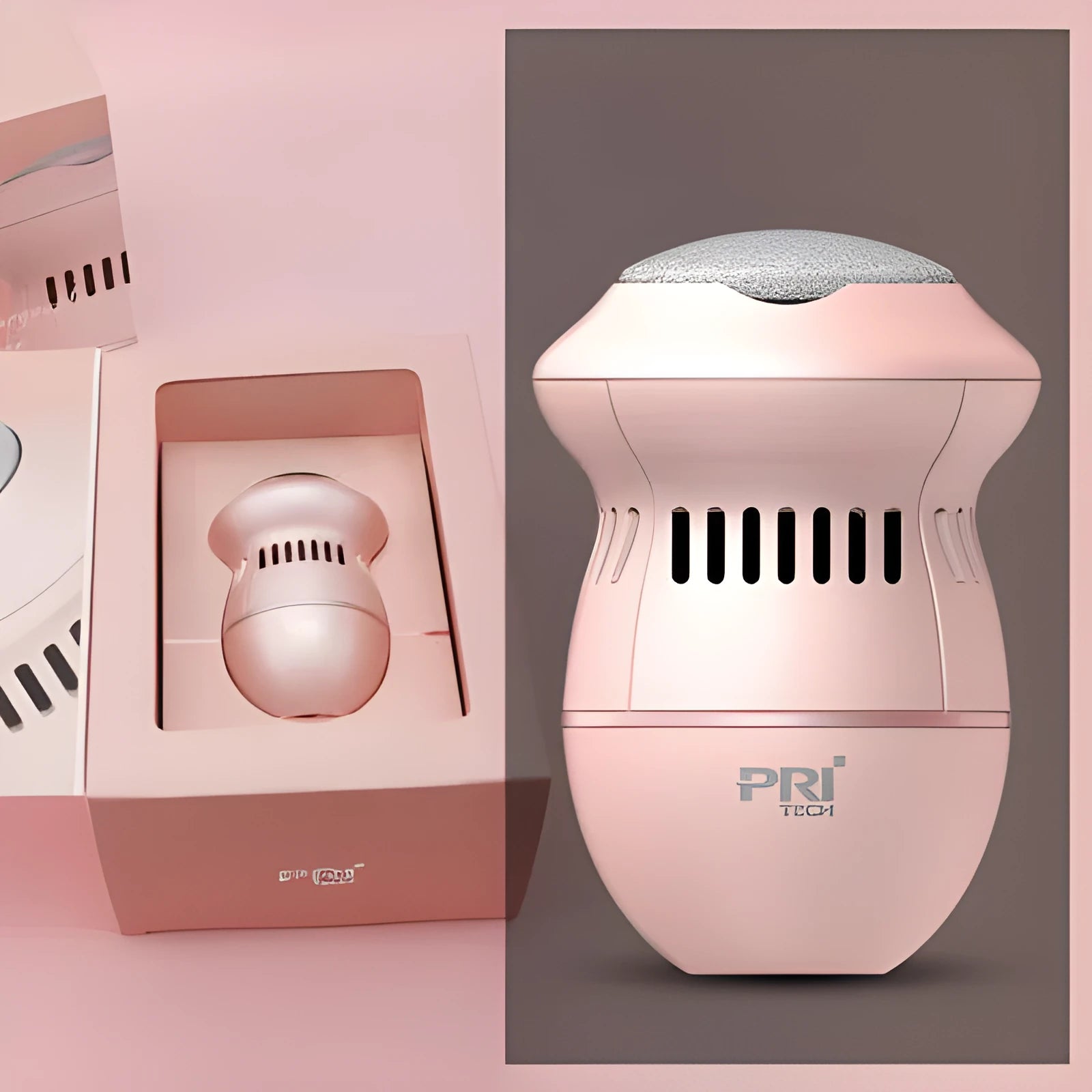Beige and white electric foot file grinder with USB cable and two diamond grinding heads on a plain background