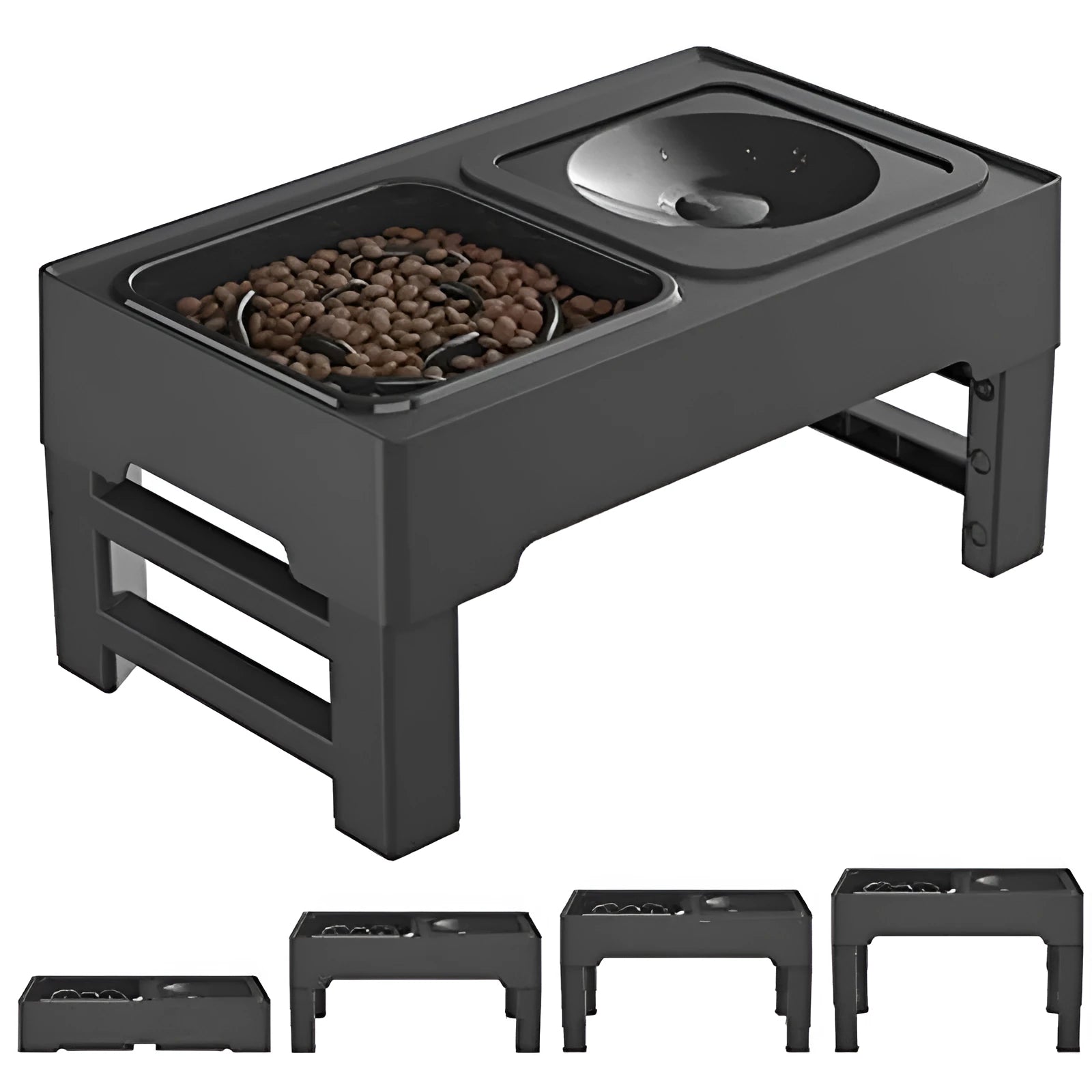 Adjustable height elevated dog feeder with slow feed and water bowls in black and grey.