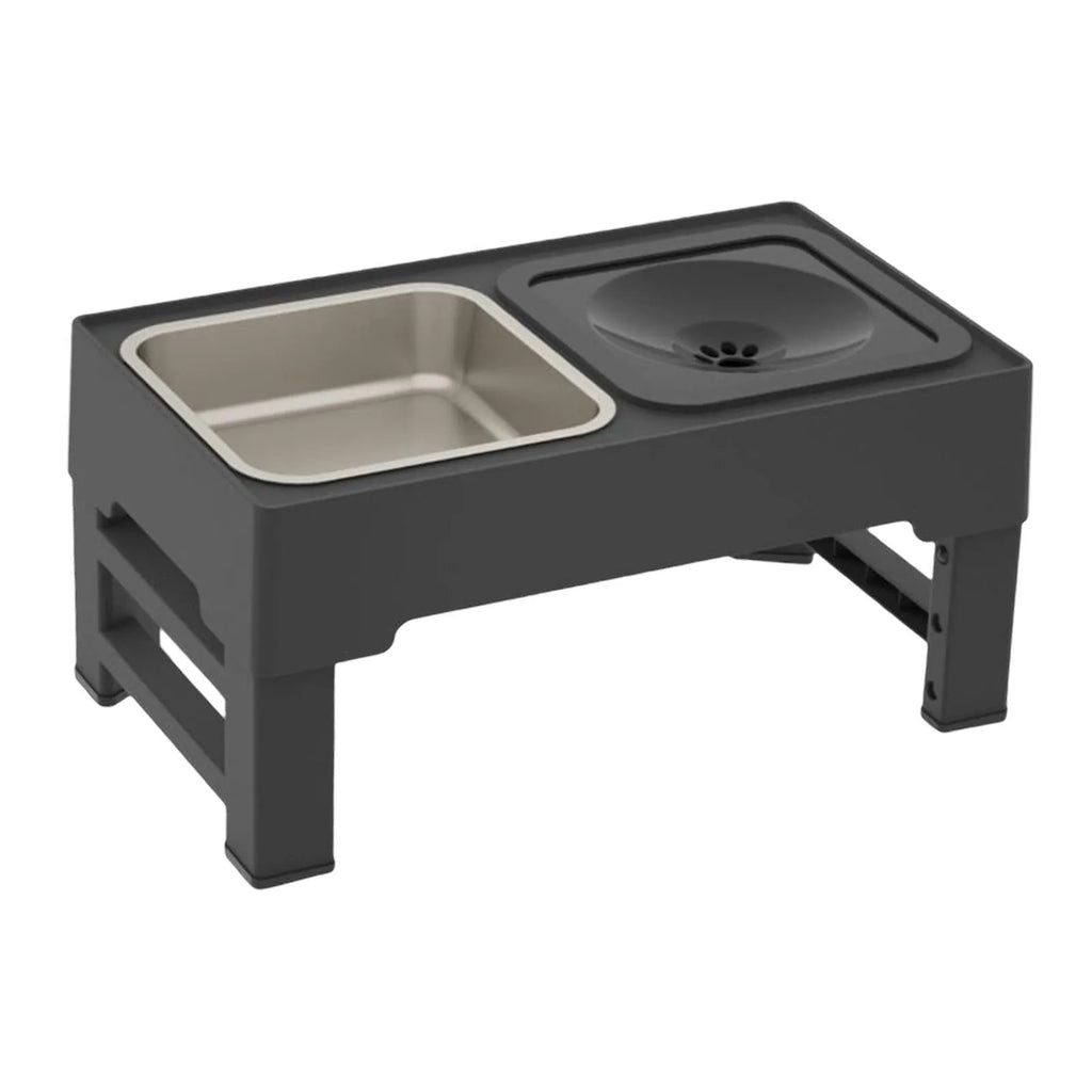 Adjustable height elevated dog feeder with slow feed and water bowls in black and grey.