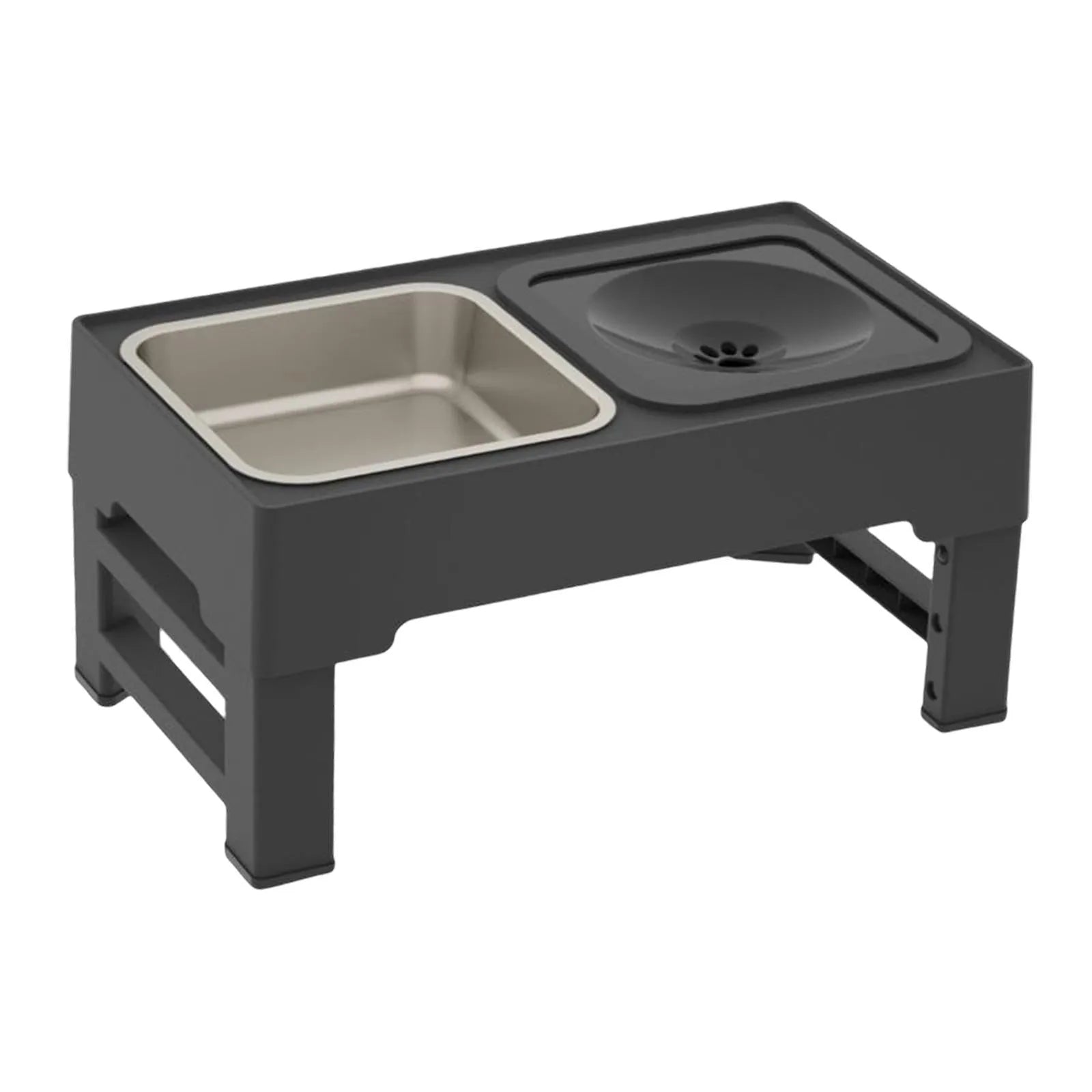 Adjustable height elevated dog feeder with slow feed and water bowls in black and grey.