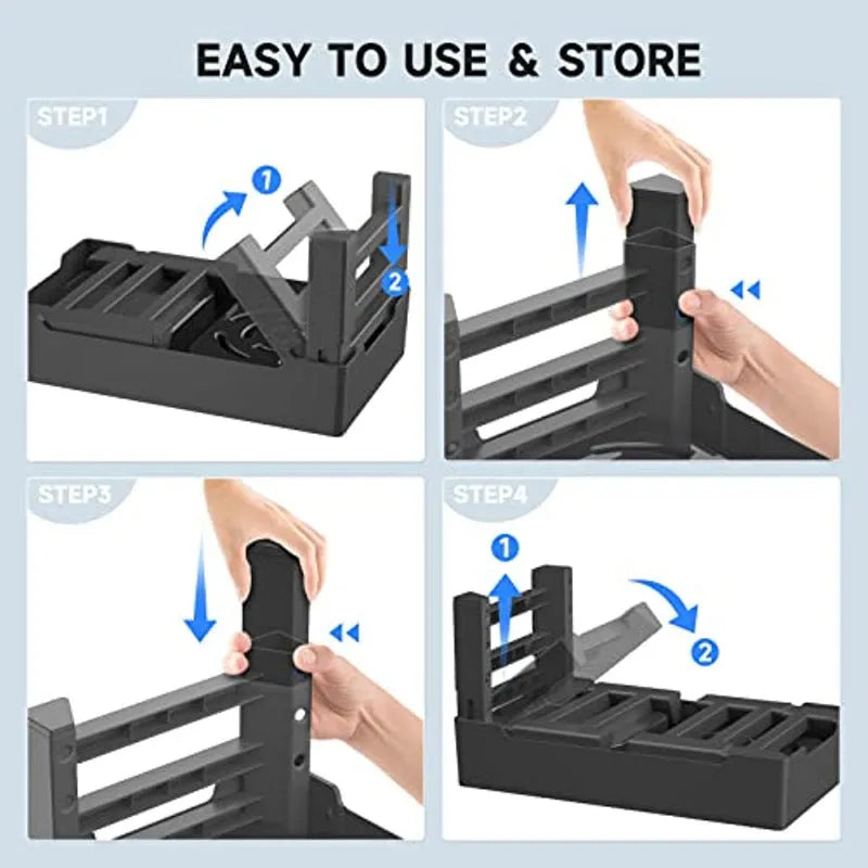 Adjustable height elevated dog feeder with slow feed and water bowls in black and grey.