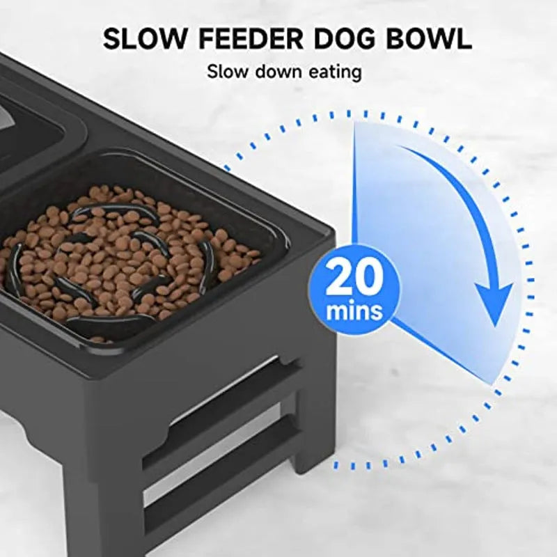 Adjustable height elevated dog feeder with slow feed and water bowls in black and grey.