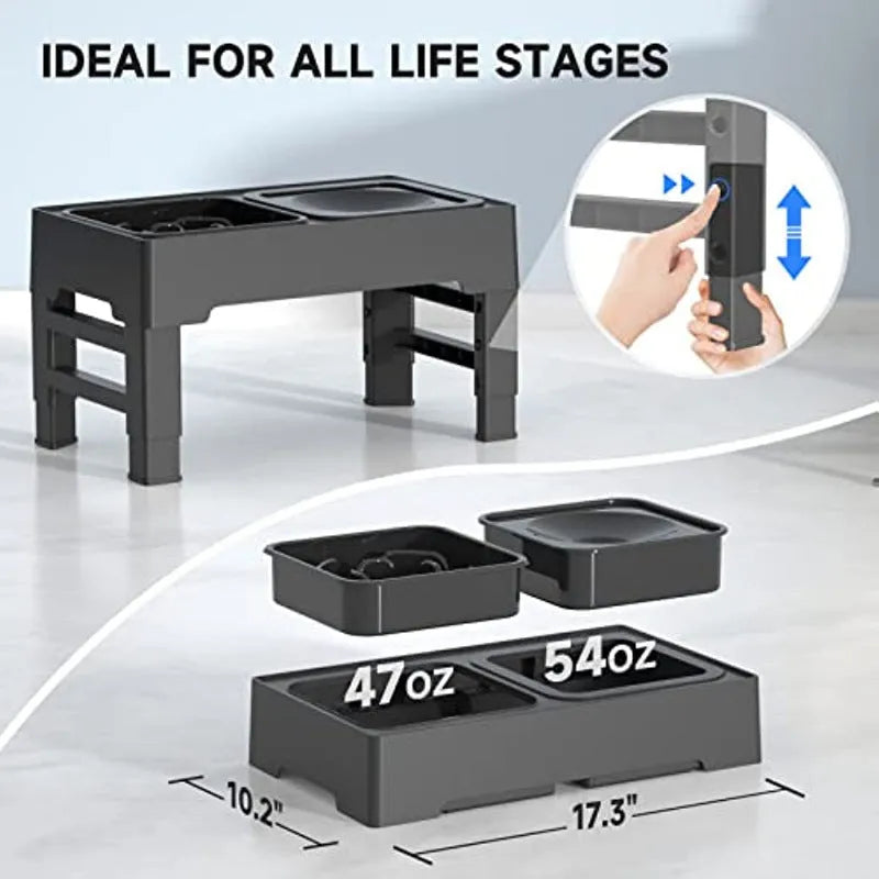 Adjustable height elevated dog feeder with slow feed and water bowls in black and grey.