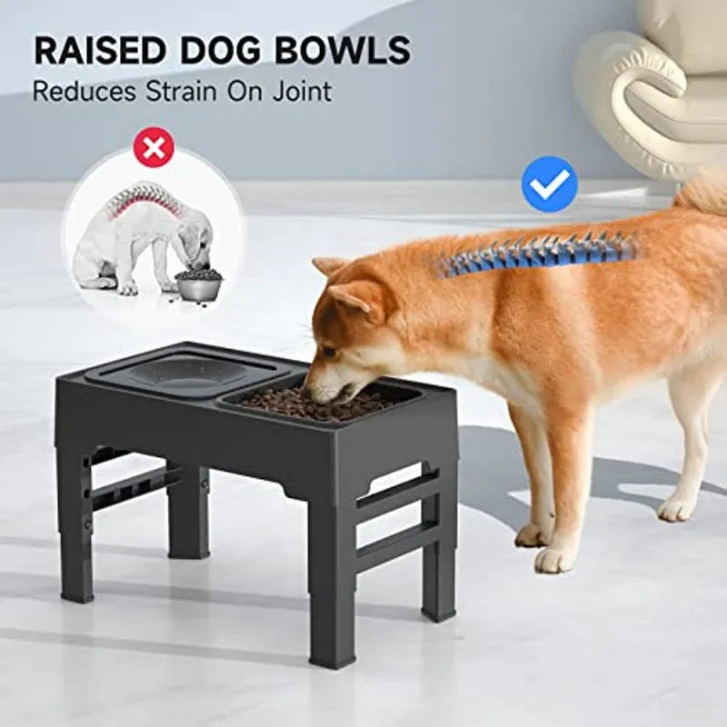 Adjustable height elevated dog feeder with slow feed and water bowls in black and grey.