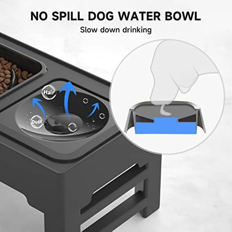 Adjustable height elevated dog feeder with slow feed and water bowls in black and grey.