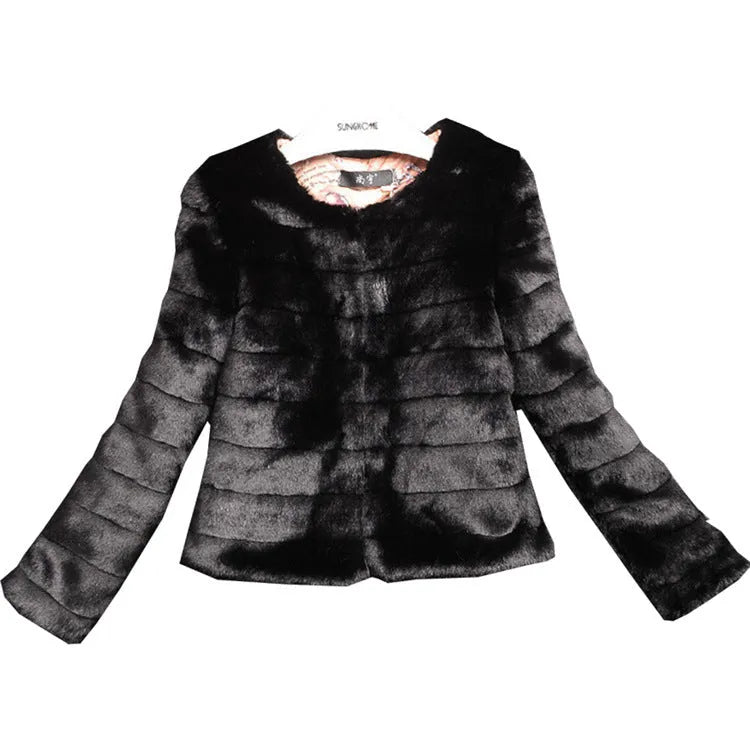 Women's short white faux fur top with regular sleeves on a hanger.