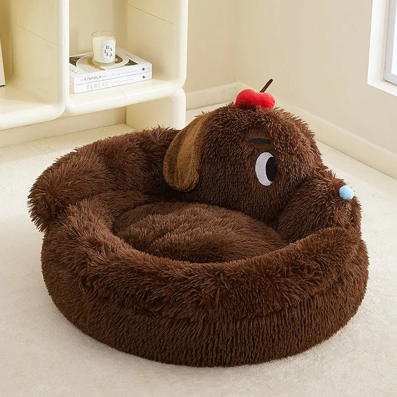 Plush grey sofa bed for small dogs and cats with raised bolsters, shown in medium and large sizes.