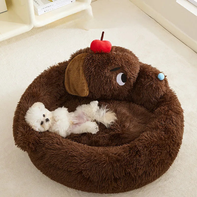 Plush grey sofa bed for small dogs and cats with raised bolsters, shown in medium and large sizes.