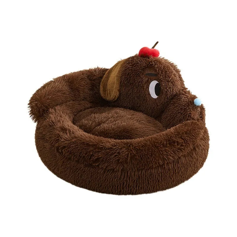 Plush grey sofa bed for small dogs and cats with raised bolsters, shown in medium and large sizes.