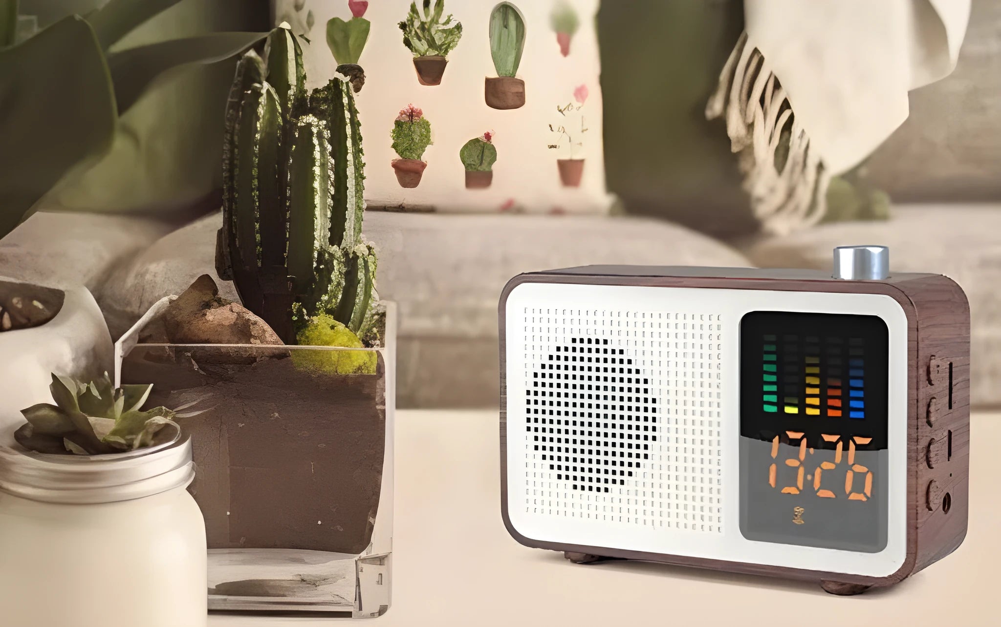 Brown retro Bluetooth radio speaker with wood grain effect and analogue tuning dial