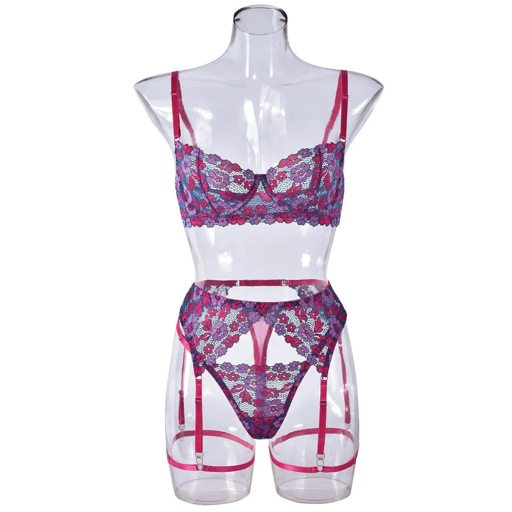 Women's rose red embroidered bikini set with contrast colour details