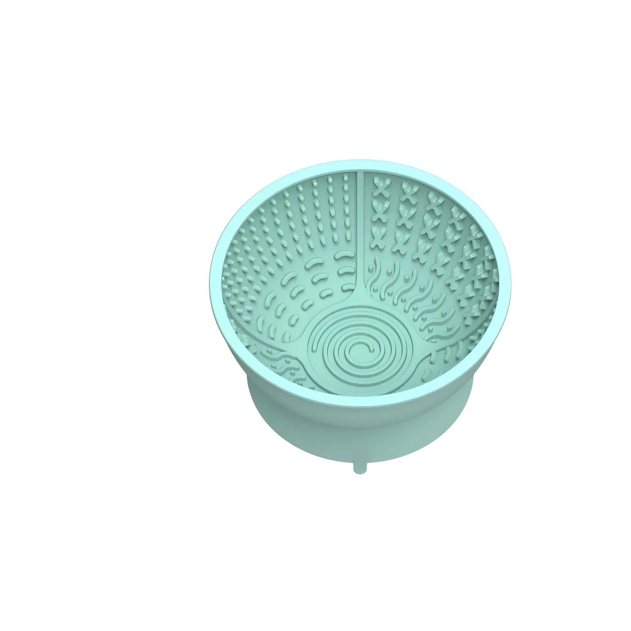 Cyan silicone pet licking mat bowl with suction cup base on a smooth surface