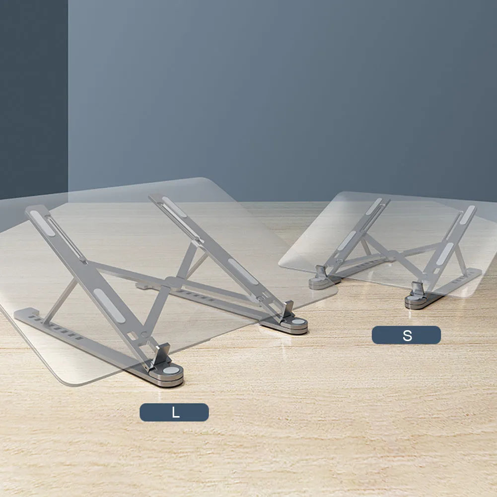 Foldable aluminium laptop stand in silver, shown open for use and folded for storage.