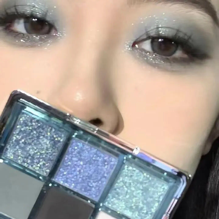 MUGELEEN nine-colour eye shadow palette 08 showing matte, shimmer, and glitter earth tones.