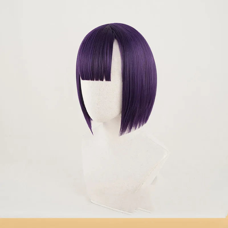 Short purple cosplay wig made from high temperature silk with rose net inner net for a natural look