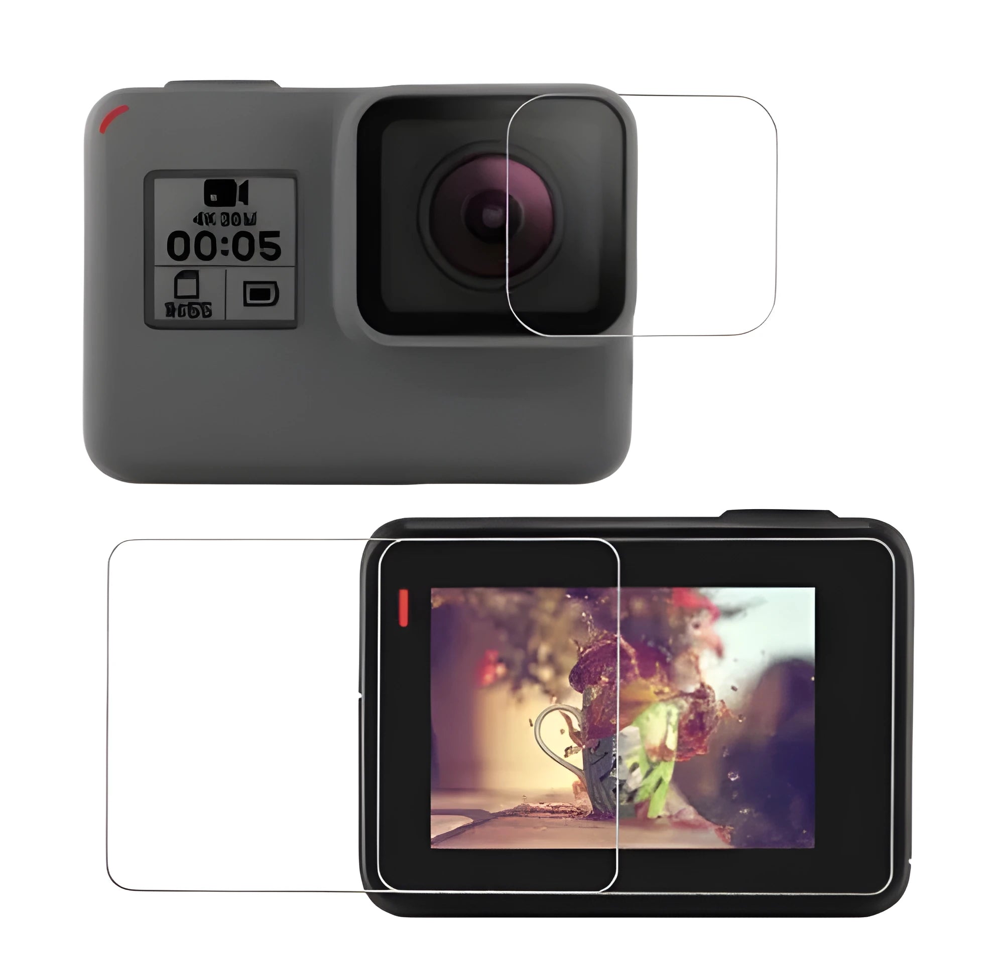 GoPro Hero camera with transparent 9H tempered glass screen protector and lens protector film applied.